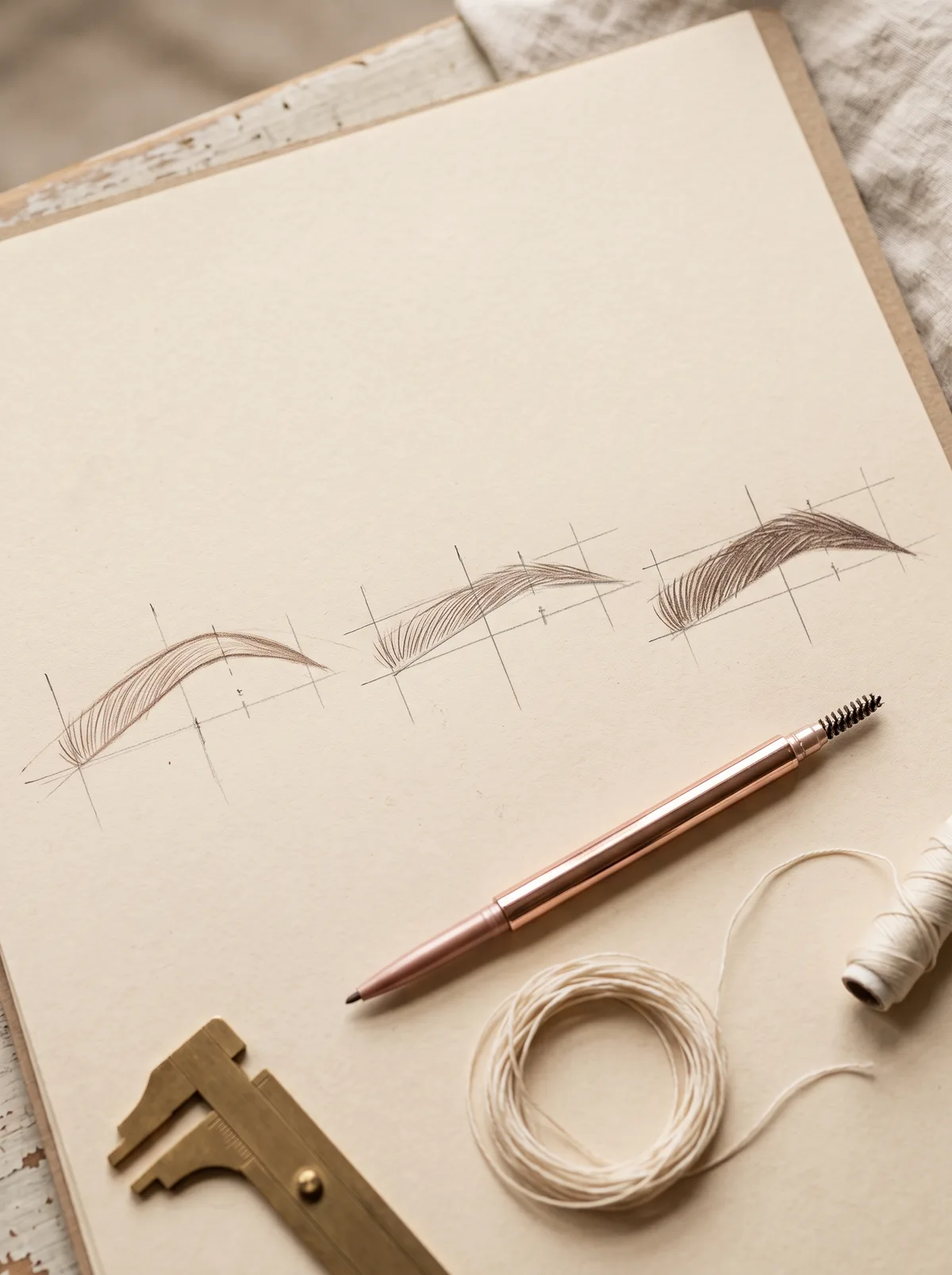 Hand-drawn eyebrow shape studies in pencil with mapping lines, beside a brow pencil, brass caliper, and mapping thread