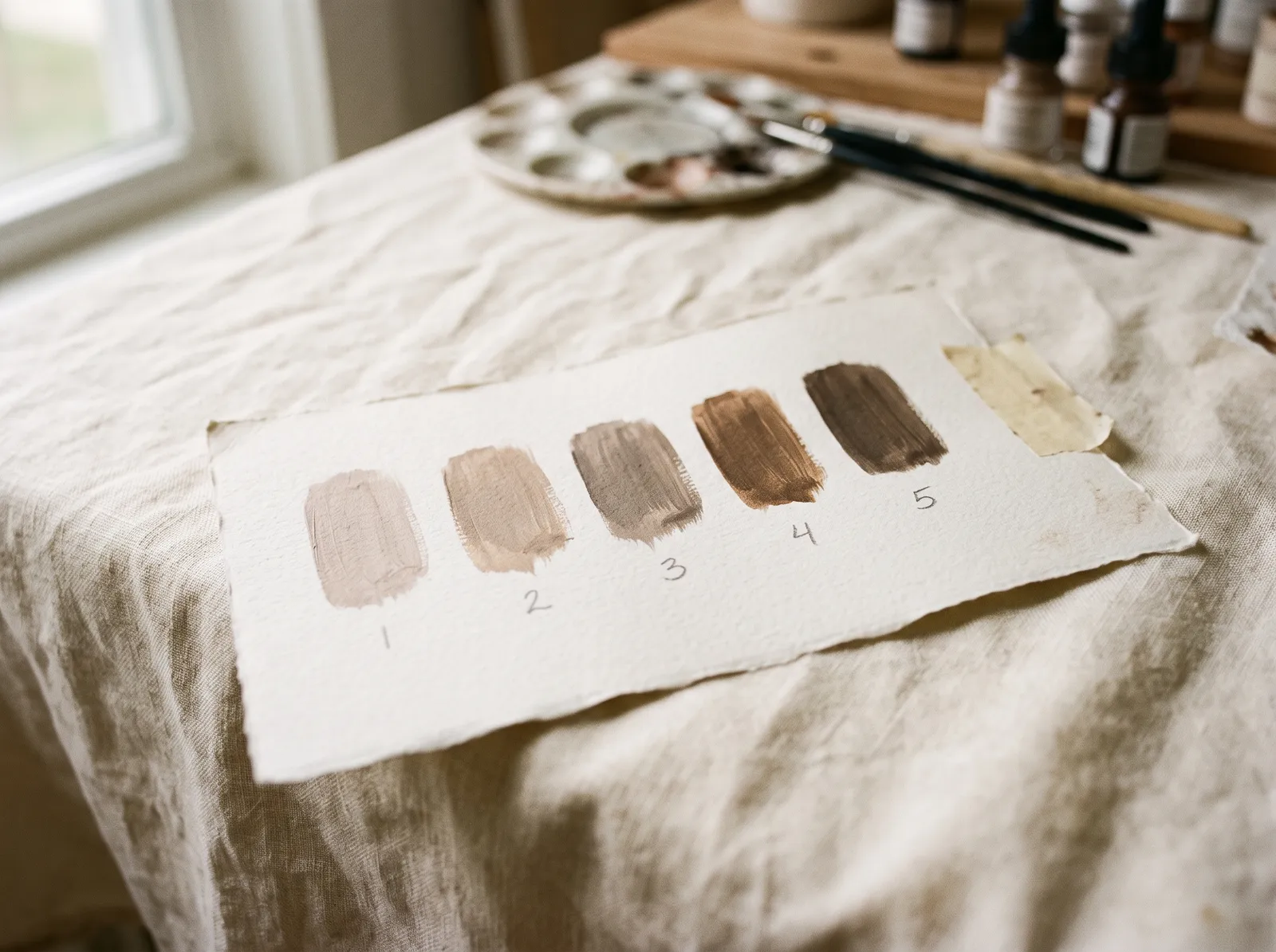 Five brow pigment swatches stepping from light taupe to deep brown, numbered in pencil